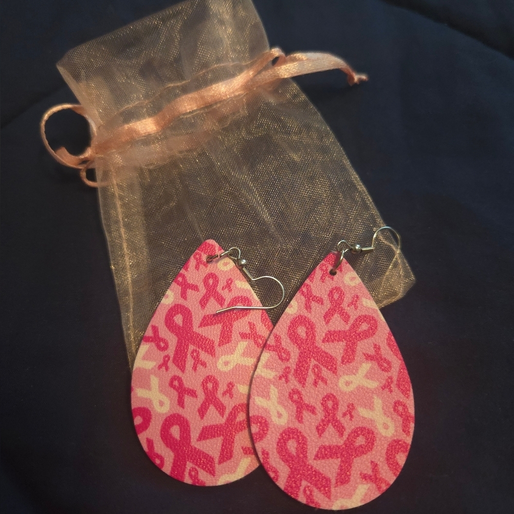 Pink Ribbon Breast Cancer Support Leather Teardrop Fish Hook Earrings